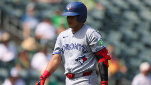 Toronto Blue Jays' Kazuma Okamoto walks to the dugout after striking out during the fourth inning of a baseball game against the Athletics Wednesday, Sept. 9, 2026, in West Sacramento, Calif. (Scott Marshall/AP)