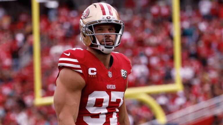San Francisco 49ers defensive end Nick Bosa stands on the field before an NFL football game against the Miami Dolphins in Santa Clara, Calif., Sunday, Sept. 20, 2026. (Kelley L. Cox/AP)
