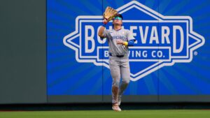 Toronto Blue Jays centre fielder Brett Bateman catches a fly ball fro the out on Kansas City Royals' Nick Loftin during the first inning of a baseball game, Sunday, Sept. 6, 2026, in Kansas City, Mo. (Charlie Riedel/AP)