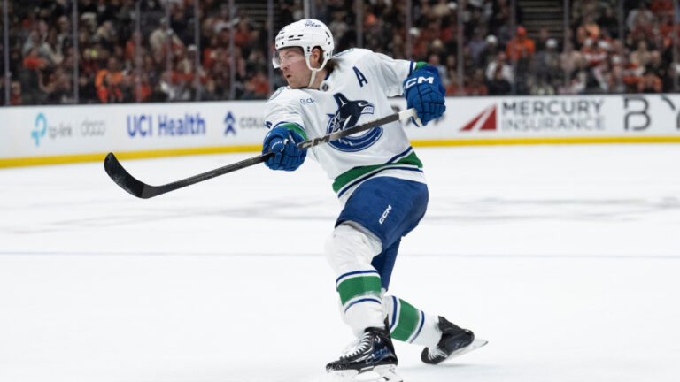 Vancouver Canucks right wing Brock Boeser shoots during an NHL hockey game against the Anaheim Ducks, Sunday, April 12, 2026, in Anaheim, Calif. (Kyusung Gong/AP)