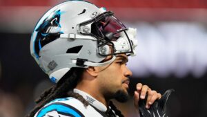 Carolina Panthers running back Jonathon Brooks (25) looks on before an NFL football game in Atlanta, Sunday, Sept. 20, 2026. (Mike Stewart/AP Photo)