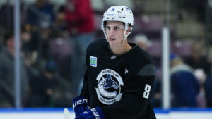 Vancouver Canucks' Zeev Buium skates during the opening day of the NHL hockey team's training camp, in Penticton, B.C., on Thursday, Sept. 17, 2026. (Darryl Dyck/CP)