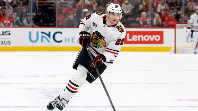 Chicago Blackhawks' Andre Burakovsky (28) takes a shot during a shootout of an NHL hockey game against the Carolina Hurricanes in Raleigh, N.C., Thursday, Jan. 22, 2026. (Karl DeBlaker/AP)