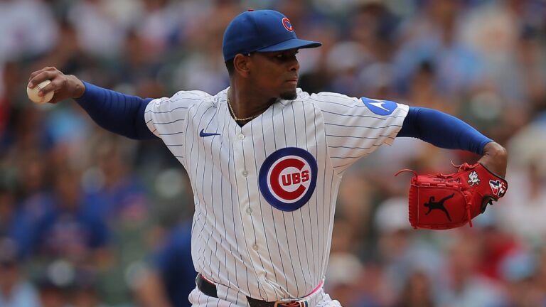 Chicago Cubs starting pitcher Edward Cabrera throws during the first inning of a baseball game against the St. Louis Cardinals, Sunday, Aug. 16, 2026, in Chicago. (Melissa Tamez/AP)