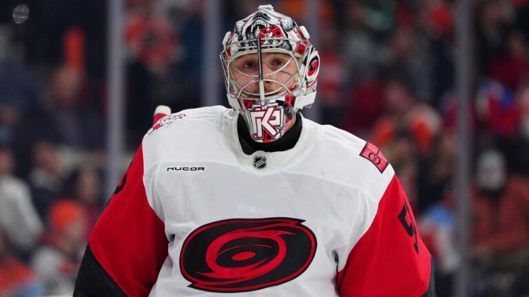Carolina Hurricanes goaltender Pyotr Kochetkov in action during an NHL hockey game against the Philadelphia Flyers, Saturday, Dec. 13, 2025, in Philadelphia. (Derik Hamilton/AP)