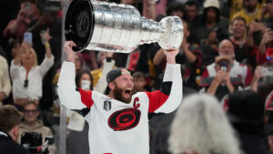 Carolina Hurricanes centre Jordan Staal (11) celebrates after a win over the Vegas Golden Knights in Game 6 of the NHL hockey Stanley Cup Final series, Sunday, June 14, 2026, in Las Vegas. (John Locher/AP)