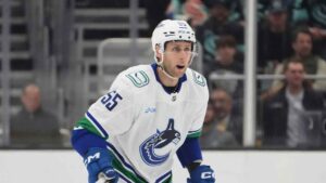 Vancouver Canucks defenseman Guillaume Brisebois in action against the Seattle Kraken. (Lindsey Wasson/AP)