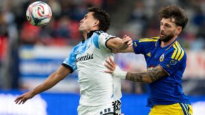 CF Montreal's Daniel Rios, left, and Vancouver Whitecaps' Tristan Blackmon vie for the ball during first half Canadian Championship semifinal soccer action in Vancouver on Wednesday, Sept. 2, 2026. (Ethan Cairns/THE CANADIAN PRESS)