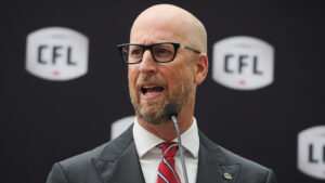CFL Commissioner Stewart Johnston speaks at a press conference in Toronto on Monday, Sept. 22, 2025. (Sammy Kogan/CP)