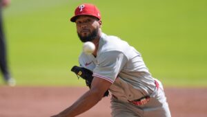 Philadelphia Phillies pitcher Cristopher Sanchez throws against the Atlanta Braves in the first inning during Game 2 of baseball's National League Wild Card Series Wednesday, Sept. 30, 2026, in Atlanta. (Mike Stewart/AP)