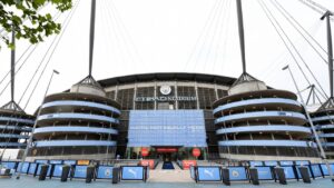 A exterior shot of the Etihad stadium before the English Premier League soccer match between Manchester City and Arsenal in Manchester, England, Wednesday, June 17, 2020. (Peter Powell/Pool via AP)