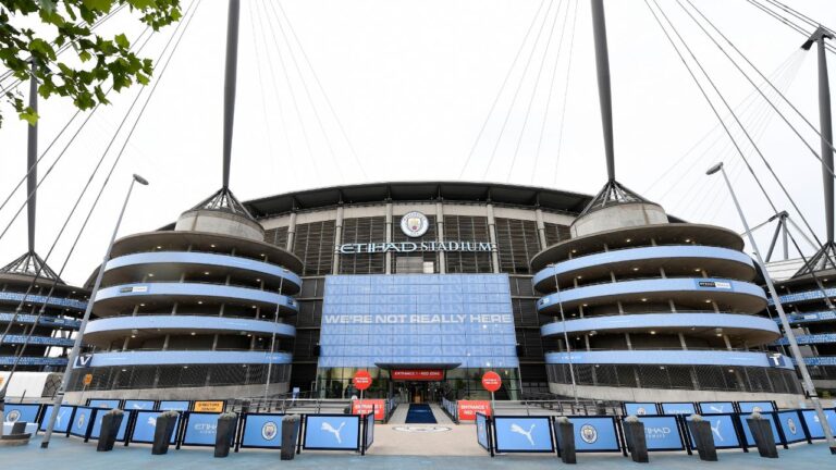 A exterior shot of the Etihad stadium before the English Premier League soccer match between Manchester City and Arsenal in Manchester, England, Wednesday, June 17, 2020. (Peter Powell/Pool via AP)