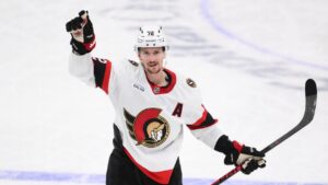 Ottawa Senators defenceman Thomas Chabot (72) celebrates his goal during the third period of an NHL hockey game against the Washington Capitals, Saturday, Oct. 25, 2025, in Washington. (Nick Wass/AP)