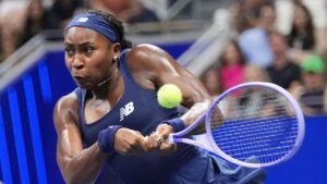 Coco Gauff, of the United States, hits a return to Zeynep Sonmez, of Turkey, during the first round of the US Open tennis championships Tuesday, Sept. 1, 2026, in New York. (Frank Franklin II/AP Photo)
