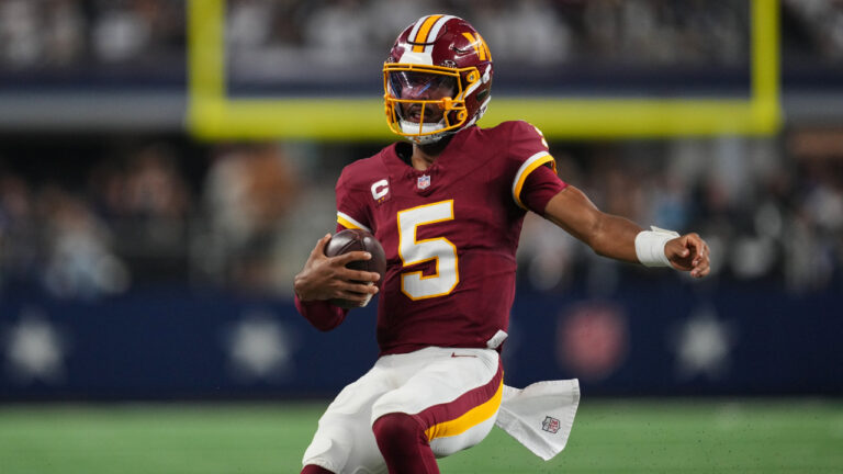 Washington Commanders quarterback Jayden Daniels runs the ball during an NFL football game against the Dallas Cowboys in Arlington, Texas, Sunday, Sept. 20, 2026. (Tony Gutierrez/AP)