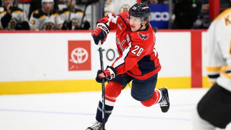 Washington Capitals left wing Andrew Cristall (28) shoots the puck during the first period of an NHL preseason hockey game against the Boston Bruins, Saturday, Oct. 5, 2024, in Washington. (Nick Wass/AP)