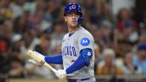 Chicago Cubs third baseman Alex Bregman (3) reacts after striking out in Game 1 of the National League Wild Card baseball playoff series against the San Diego PadresTuesday, Sept. 29, 2026, in San Diego. (Gregory Bull/AP Photo)