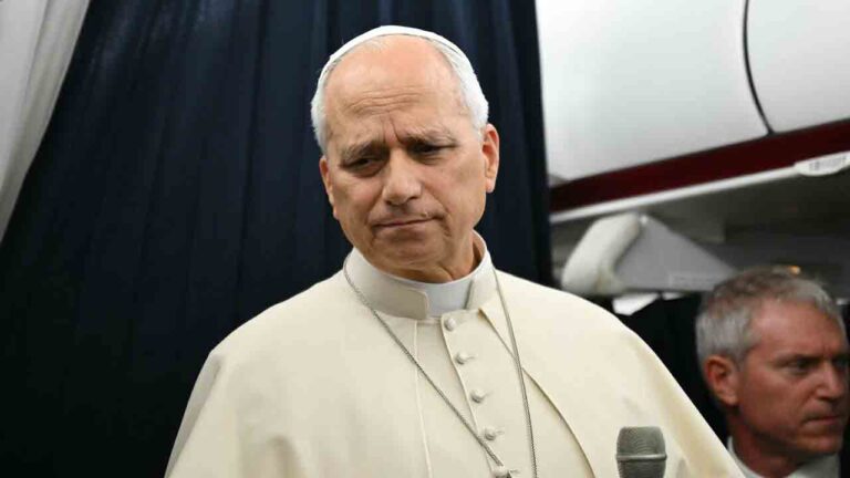 Pope Leo XIV speaks to journalists aboard the flight from Metz, France, to Rome, at the end of his four-day visit to France, Monday, Sept. 28, 2026. (Alberto Pizzoli/Pool Photo via AP)
