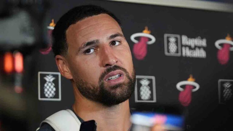 Miami Heat guard Klay Thompson speaks with the media during NBA basketball training camp, Tuesday, Sept. 29, 2026, in Boca Raton, Fla. (Lynne Sladky/AP)