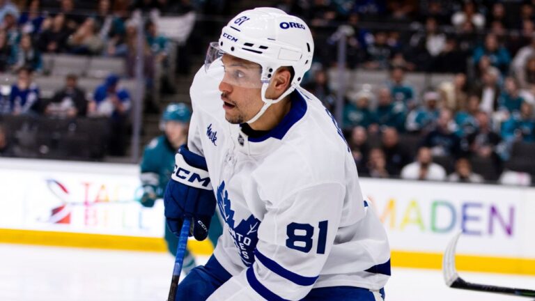 Toronto Maple Leafs centre Dakota Joshua (81) looks to pass against the San Jose Sharks during the second period of an NHL hockey game in San Jose, Calif., Thursday, April 2, 2026. (John Hefti/AP)