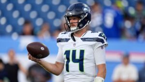 Seattle Seahawks quarterback Sam Darnold warms up before a pre-season NFL football game against the Tennessee Titans, Sunday, Aug. 23, 2026, in Nashville, Tenn. (George Walker IV/AP)