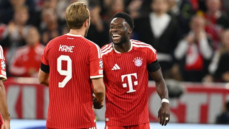 Bayern's Alphonso Davies, right, celebrates with Harry Kane after scoring his side's third goal during the Champions League opening phase soccer match between Bayern Munich and Bodo Glimt in Munich, Germany, Thursday, Sept. 10, 2026. (Lennart Preiss/AP Photo)