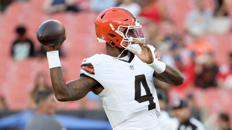 Cleveland Browns quarterback Deshaun Watson (4) warms up prior to the start of an NFL preseason football game against the New England Patriots in Cleveland, Thursday, Aug. 27, 2026. (Kirk Irwin/AP)