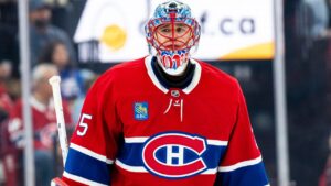 Montreal Canadiens goaltender Jakub Dobes (75) looks on during a break in play in second period NHL pre-season hockey action against the Toronto Maple Leafs, in Montreal, on Saturday, Sept. 19, 2026. (Christopher Katsarov/THE CANADIAN PRESS)