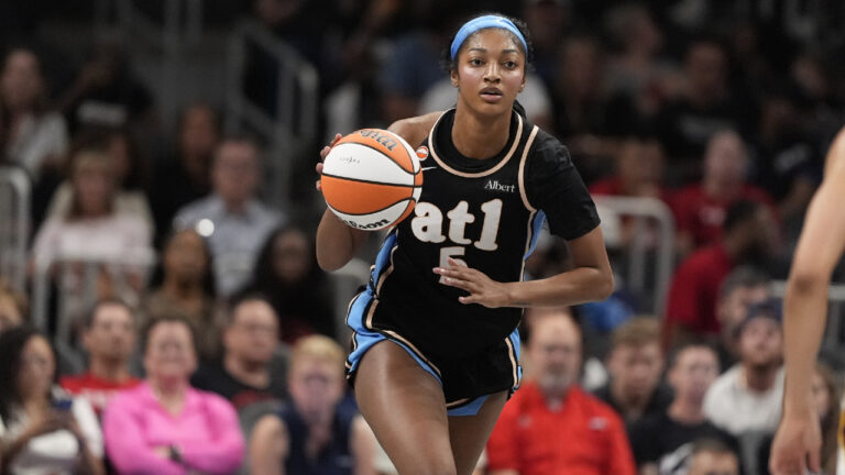 Atlanta Dream forward Angel Reese (5) in the first half of an WNBA basketball game against the Sunday, Aug. 16, 2026, in Atlanta. (Brynn Anderson/AP)