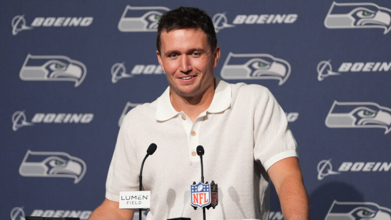 Seattle Seahawks quarterback Drew Lock speaks during a news conference after an NFL football game against the New England Patriots, Wednesday, Sept. 9, 2026, in Seattle. (Lindsey Wasson/AP)