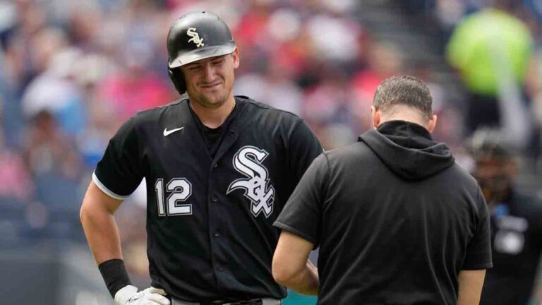 Chicago White Sox's Colson Montgomery (12) is checked out after being hit by a pitch in the fourth inning of a baseball game against the Cleveland Guardians in Cleveland, Wednesday, Sept. 16, 2026. (Sue Ogrocki/AP)