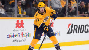 Nashville Predators right wing Luke Evangelista (77) plays during the third period of an NHL hockey game against the Anaheim Ducks, Thursday, April 16, 2026, in Nashville, Tenn. (George Walker IV/AP)