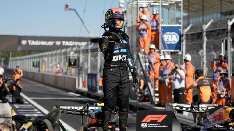 McLaren driver Lando Norris of Britain celebrates his pole position after the qualifying session for the Spanish Formula One Grand Prix in Madrid. (Bernat Armangue/AP)