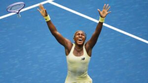 Coco Gauff, of the United States, celebrates winning a match against Mirra Andreeva, of Russia, during the quarterfinal round of the U.S. Open tennis championships, Wednesday, Sept. 9, 2026, in New York. (Seth Wenig/AP)
