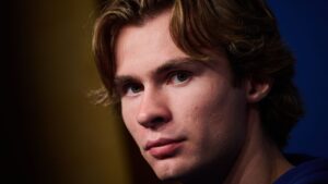 Toronto Maple Leafs' Gavin McKenna speaks to media at the start of the team's training camp in Toronto, on Wednesday, Sept. 16, 2026. (Sammy Kogan/CP)
