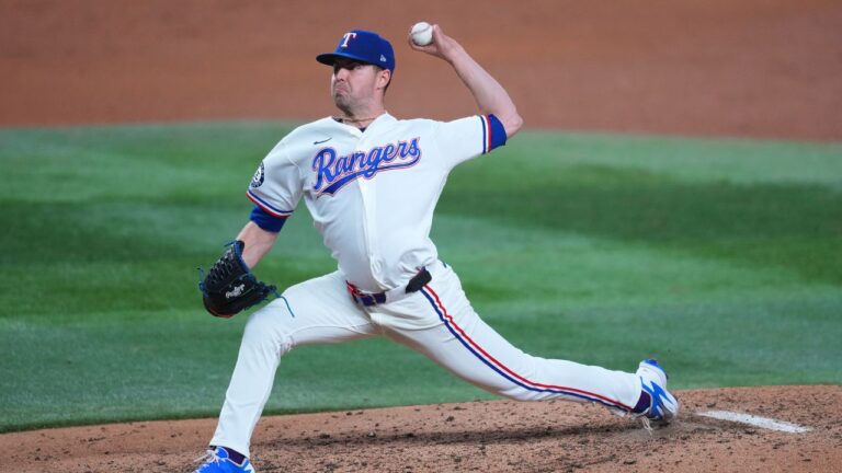 Texas Rangers starting pitcher MacKenzie Gore throws to the Athletics during the fifth inning of a baseball game Tuesday, Sept. 1, 2026, in Arlington, Texas. (Julio Cortez/AP Photo)