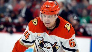 Anaheim Ducks' Mikael Granlund (64) waits for a face-off against the Carolina Hurricanes during the third period of an NHL hockey game in Raleigh, N.C., Thursday, Jan. 8, 2026. (Karl DeBlaker/AP)