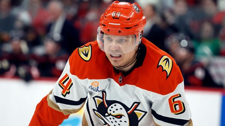 Anaheim Ducks' Mikael Granlund (64) waits for a face-off against the Carolina Hurricanes during the third period of an NHL hockey game in Raleigh, N.C., Thursday, Jan. 8, 2026. (Karl DeBlaker/AP)