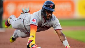 Cleveland Guardians' Angel Martínez slides into third base after hitting a triple during the second inning of a baseball game against the Baltimore Orioles, Tuesday, Sept. 8, 2026, in Baltimore. (Stephanie Scarbrough/AP Photo)