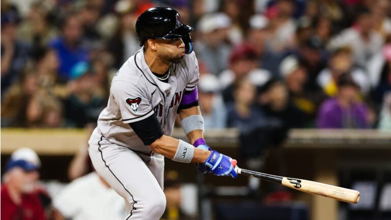 Arizona Diamondbacks' Lourdes Gurriel Jr. watches his hit against the San Diego Padres in the sixth inning of a baseball game Tuesday, July 7, 2026, in San Diego. (Derrick Tuskan/AP Photo)