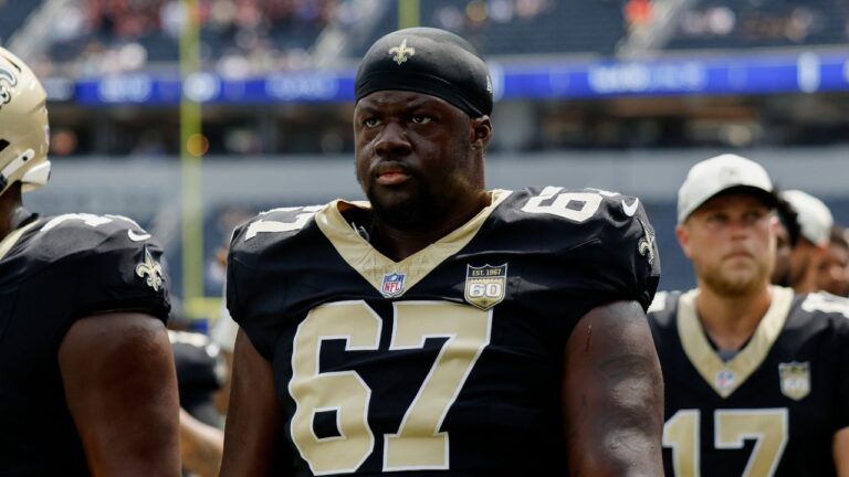 New Orleans Saints defensive tackle Zxavian Harris attends warmups before an NFL preseason football game against the Los Angeles Rams Saturday, Aug. 22, 2026, in Inglewood, Calif. (Caroline Brehman/AP Photo)