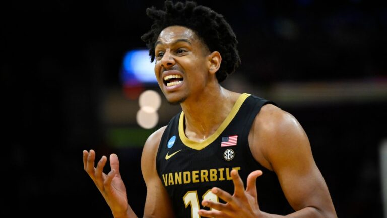Vanderbilt guard AJ Hoggard (11) reacts in the first half against the Saint Mary's in the first round of the NCAA college basketball tournament, Friday, March 21, 2025, in Cleveland. (David Richard/AP)