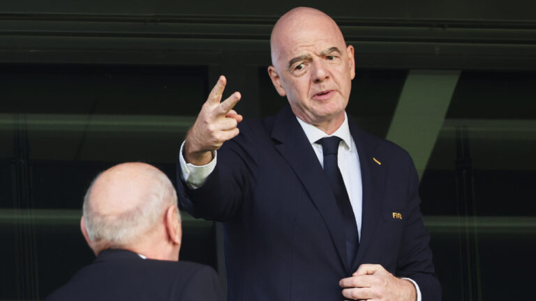 FIFA President Gianni Infantino gestures as he attends the Women's U20 World Cup opening match between Poland and Argentina in Katowice, Poland, Saturday, Sept. 5, 2026. (Beata Zawrzel/AP)