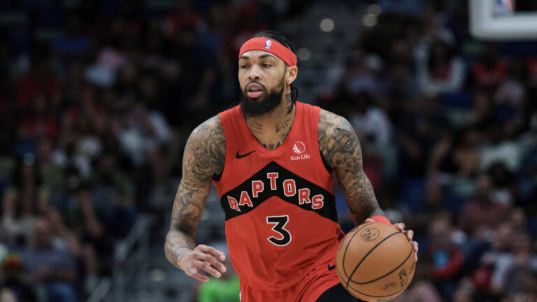 Toronto Raptors forward Brandon Ingram (3) dribbles during an NBA basketball game against the New Orleans Pelicans in New Orleans, Wednesday, March 11, 2026. (Matthew Hinton/AP)