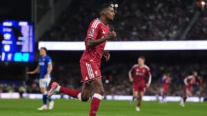 Liverpool's Alexander Isak celebrates scoring his side's second goal during the English Premier League soccer match between Ipswich Town and Liverpool in Ipswich, England, Friday, Sept. 4, 2026. (Adam Davy/PA via AP)