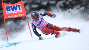 Russia's Ivan Kuznetsov speeds down the course during an alpine ski, men's World Cup Giant slalom, in Adelboden, Switzerland, Saturday, Jan. 8, 2022. (Gabriele Facciotti/AP)