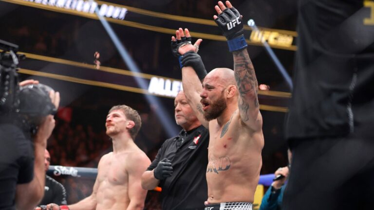 Jean Silva, right, is declared the winner over Arnold Allen, left, in a featherweight bout during the UFC 324 mixed martial arts event Saturday, Jan. 24, 2026, in Las Vegas. (Steve Marcus/AP)