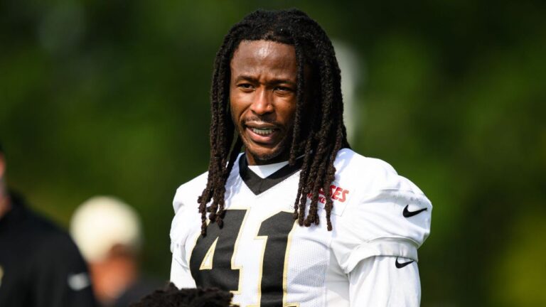 New Orleans Saints running back Alvin Kamara (41) stands during an NFL football training camp in Metairie, La., Thursday, July 30, 2026. (Ella Hall/AP)