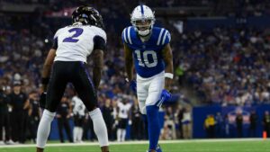 Indianapolis Colts wide receiver Keenan Allen (10) lines up against Baltimore Ravens cornerback Nate Wiggins (2) during an NFL football game in Indianapolis. (Zach Bolinger/AP)