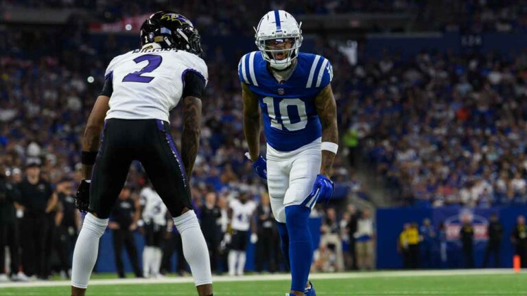 Indianapolis Colts wide receiver Keenan Allen (10) lines up against Baltimore Ravens cornerback Nate Wiggins (2) during an NFL football game in Indianapolis. (Zach Bolinger/AP)